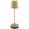 Brilliant LED-bordslampa Elora, konisk guldfärgad skärm, IP44, 2700 Kelvin varmvitt