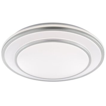Brilliant LED-taklampa Luciano, platt och rund, vit skärm, aluminiumfärgad stomme