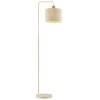 Brilliant Golvlampa Arlo med cylindrisk beige tygskärm och trädetalj för läshörnan