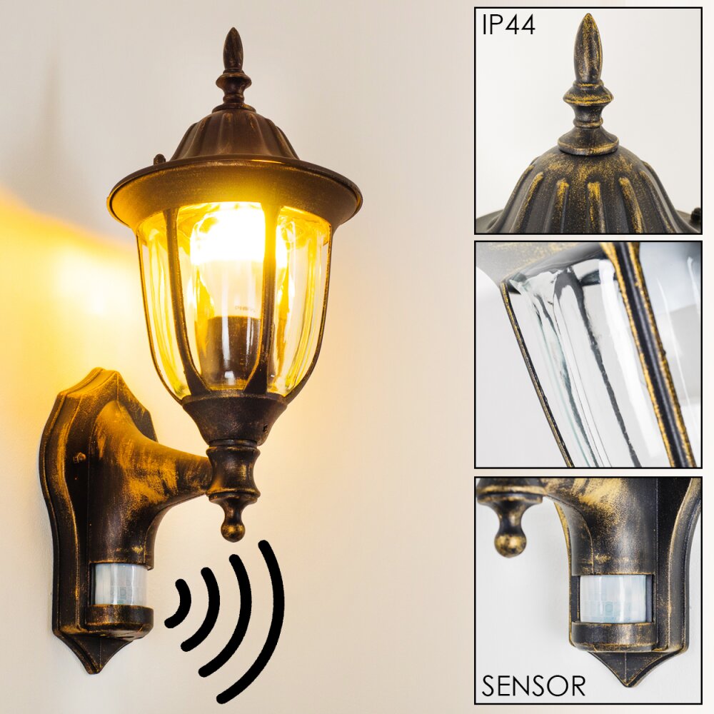 Ribadeo Vägglampa Svart-guld, 1-ljuskällor, Rörelsedetektor main product photo